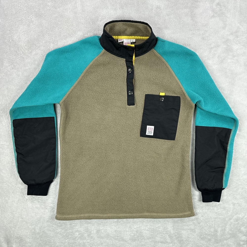 Topo Designs Mountain Fleece Mens Small Olive Teal Snap Pullover Polartec USA